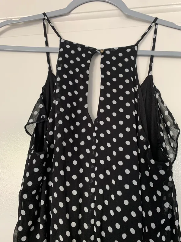 No Boundaries Black And White Polka Dot Dress With Ruffles Spaghetti Strap With Button Closure - Image 3