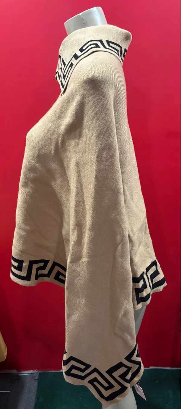 Women's Cream Knit Cape with Black Geometric Trim - Image 4