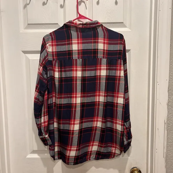Zara Trafaluc Red Navy Blue Plaid Snap Button Down Flannel Shirt Women Large - Image 5