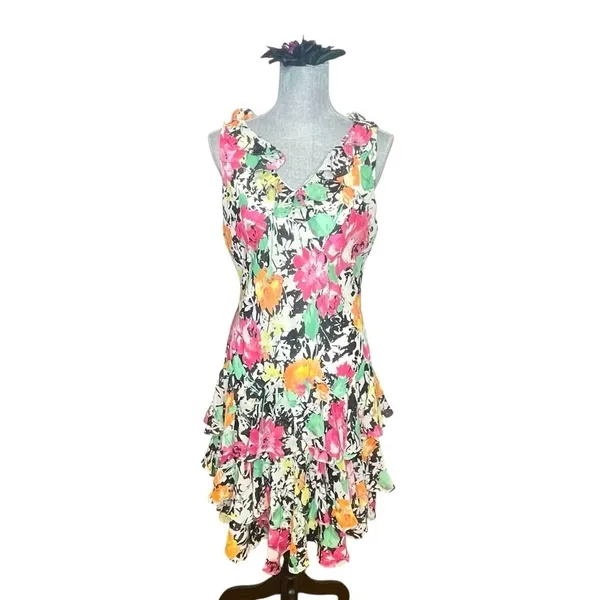 RALPH LAUREN 14P Dress Chiffon Floral Ruffle Midi Y2K Vtg V-Neck Fairy Sundress - Image 2