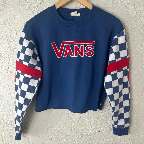VANS BMX Crew Neck Checked Sleeve Cropped Sweatshirt Size S - Image 3