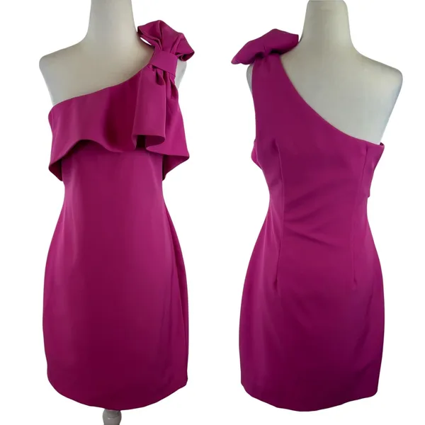 Vince Camuto One Shoulder Bow Pink Sheath Dress Size 6 Cocktail Wedding Evening - Image 2