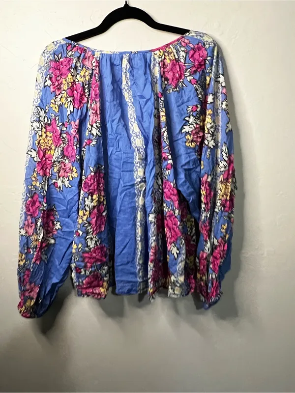 Free People Elena Sapphire Combo Blue Floral Boho Peasant Balloon Sleeve Top - Image 8