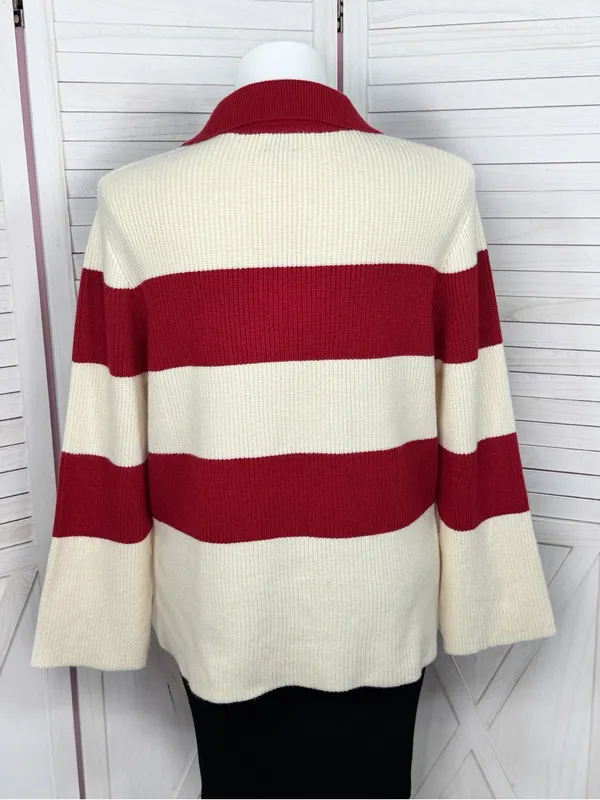 A New Day Rugby Stripe Polo Collar‎ Oversized Sweater Cream Red Large Preppy - Image 5
