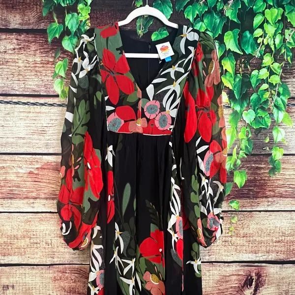 Farm Rio x Anthropologie Long Sleeve V Neck Floral Maxi Dress Balloon Sleeve S - Image 6