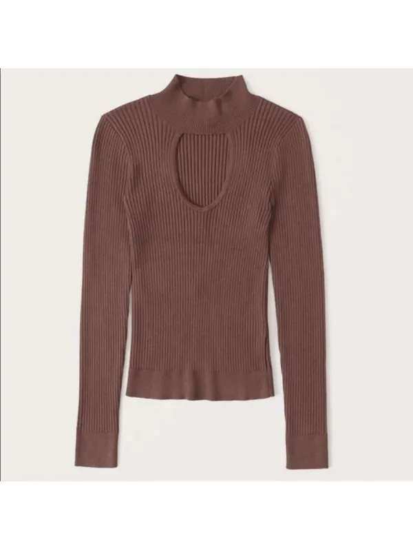 Abercrombie & Fitch Rust Brown Keyhole Mock Neck Ribbed Knit Sweater size XS - Image 14