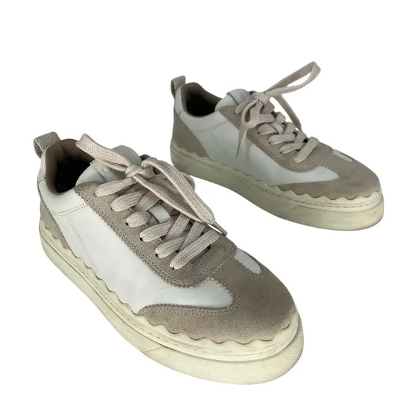 Chloé‎ Lauren Leather Suede Platform Sneakers White Beige 37 - Image 5