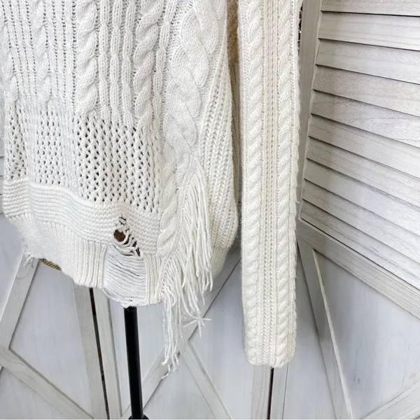 Free Generation Multi Stich Fringe‎ Distressed Turtle Neck Sweater Cream Small - Image 7