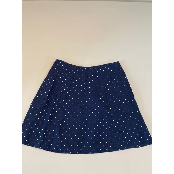 LOFT Polka Dot Flare Skirt Size 8 Navy White Linen Blend Button Detail - Image 5