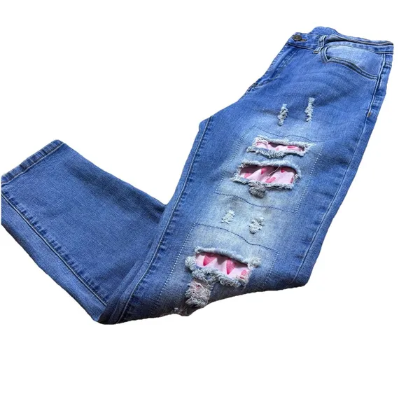 Distressed Heart Patch Jeans Cute Y2K Aesthetic Denim Ripped Straight Leg Pant M - Image 16