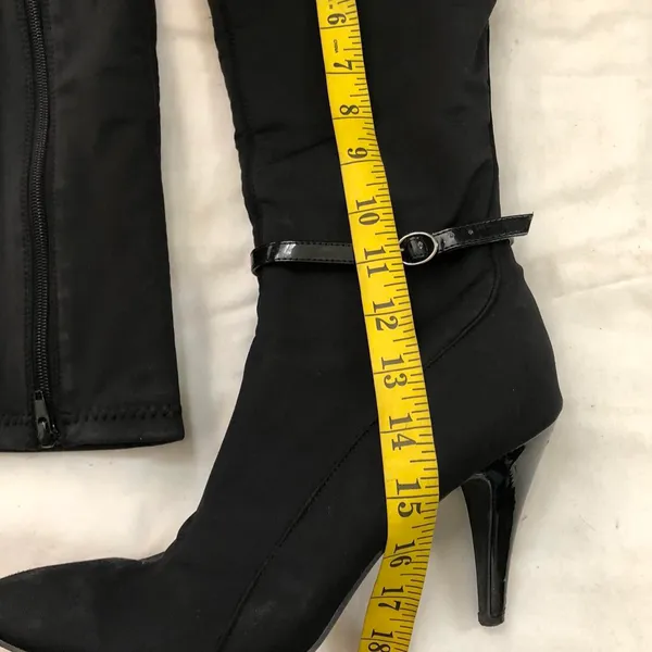 Nine West Black fitted knee-high boots buckle 3” heel gothic streetwear Whimsygoth-Size 8M Preloved condition with minor wear Measurement in pics - Image 3