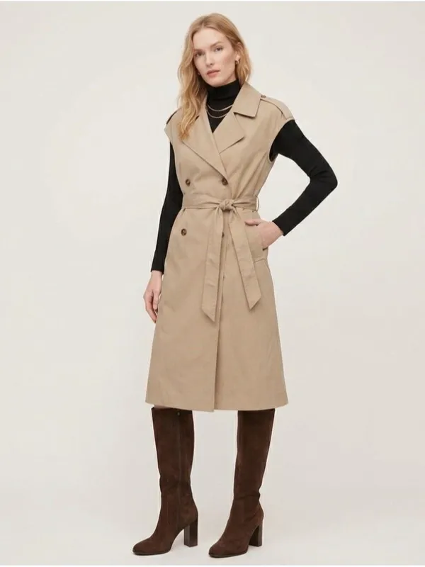 NEW H&M Sleeveless Trench Coat Layering Dress Tan Khaki Womens SMALL Belted - Image 2