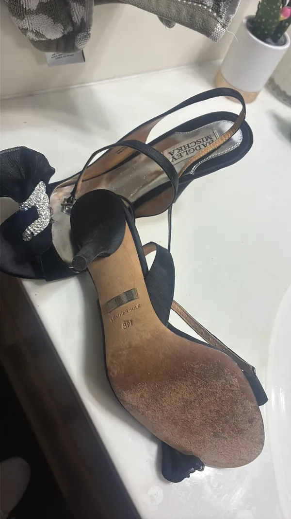 Black Satin Rhinestone Badgley Mischka Heels Jewel Liberty Strap 8 - Image 2