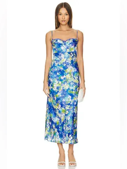 ASTR the Label Florianne Blue Floral Maxi Slip Dress Small Bustier Wedding Guest - Image 4