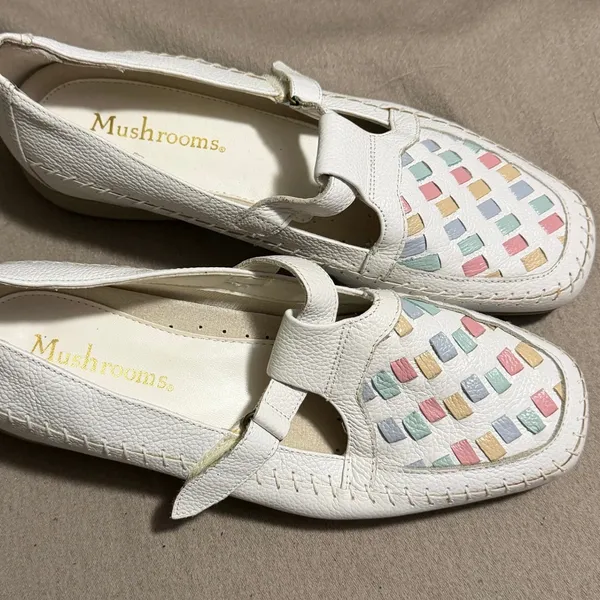Mushrooms Womens 10W White Leather Pastel Woven Loafers Hook Loop Flats F02 - Image 5