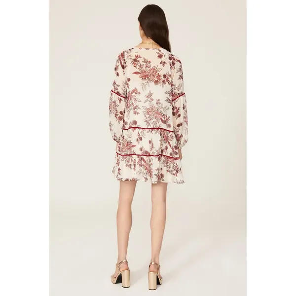 GREAT JONES Boho Floral Print Tiered Mini Dress Tassels Velvet Trim SIZE‎ L - Image 3