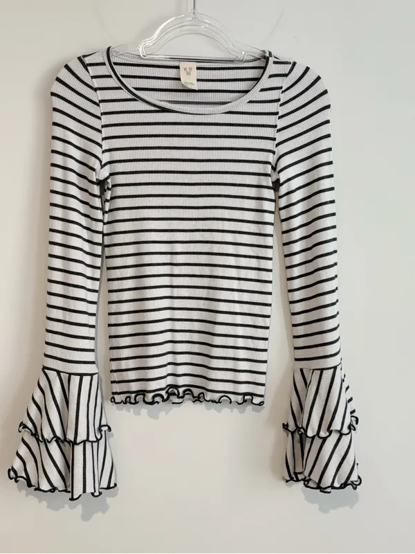 We The Free Free People Good Find Striped Bell Sleeve Ribbed Top grey‎ white size XS - Image 2