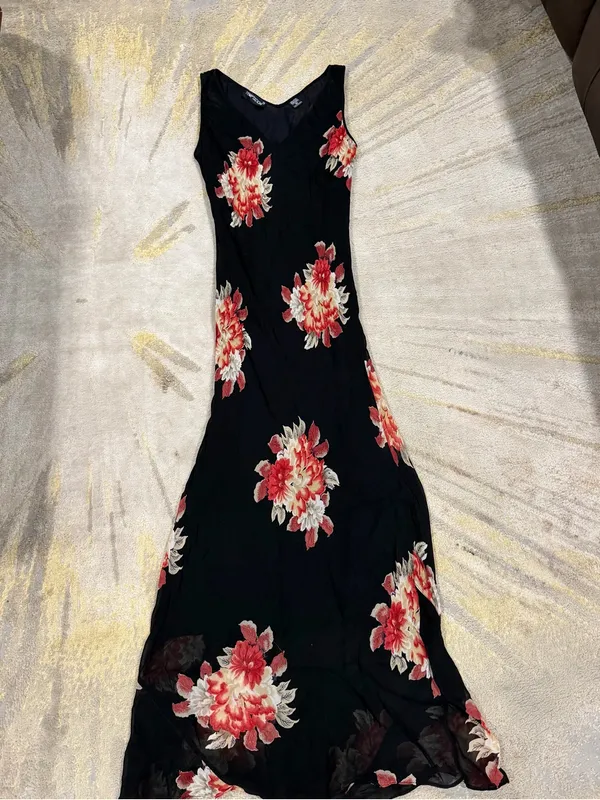 Vintage Temptation Black Floral Maxi Dress 90s Rayon Chiffon Overlay Size M - Image 3
