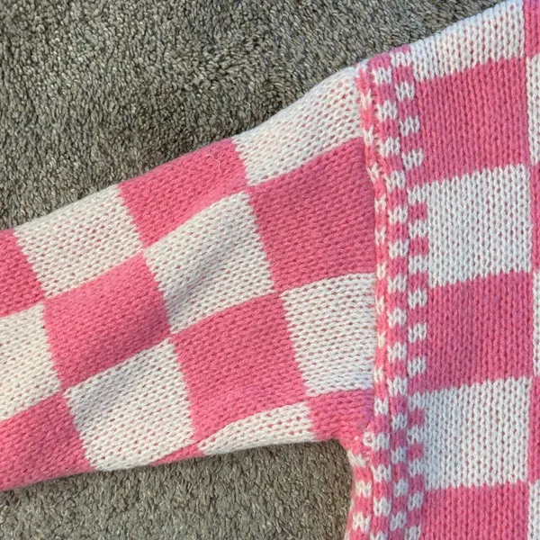 BiBi Pink and Cream Checkered Chunky Sweater Size M - Image 6