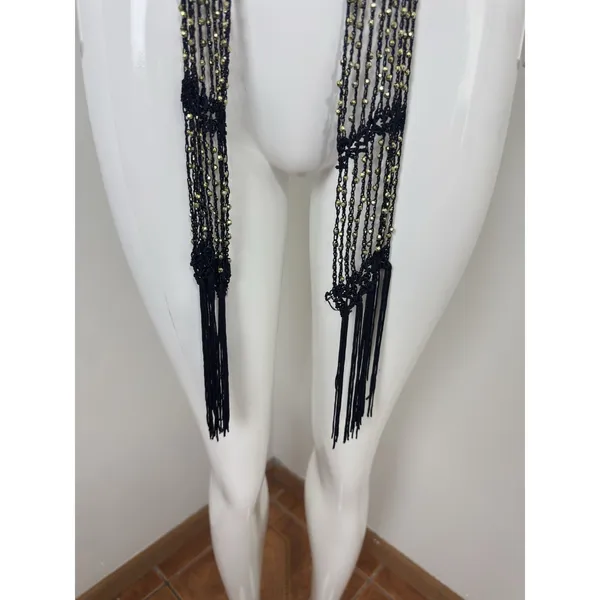 Women’s Black Crocheted Gold Bead Fringe Necklace Scarf Belt 72x2 - Image 8