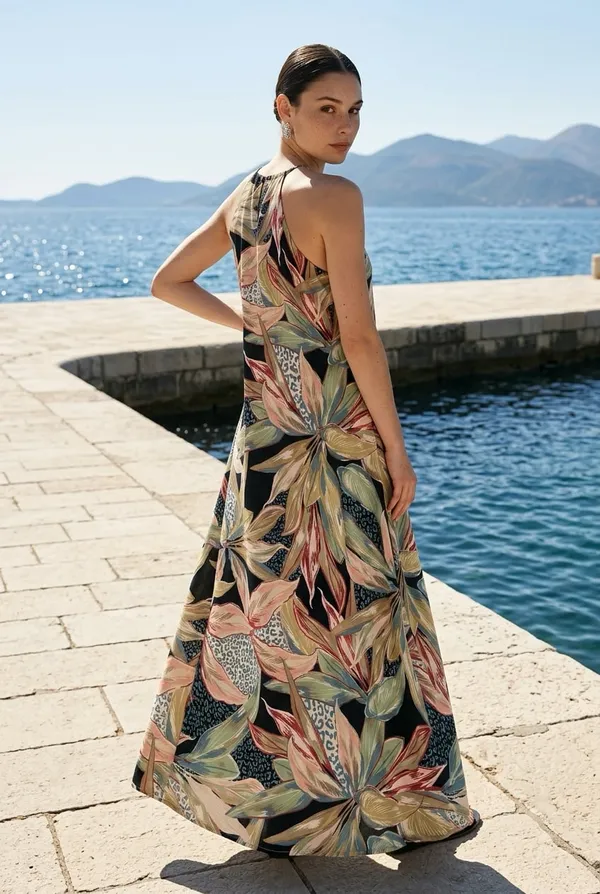 Nicole Miller Tropical Floral Print Halter Maxi Dress Size M - Image 11