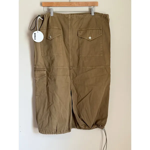 STAUD Cargo Skirt Womens XL NEW Tan Cotton Midi Drawstring Toggle Utility‎ Skirt - Image 3