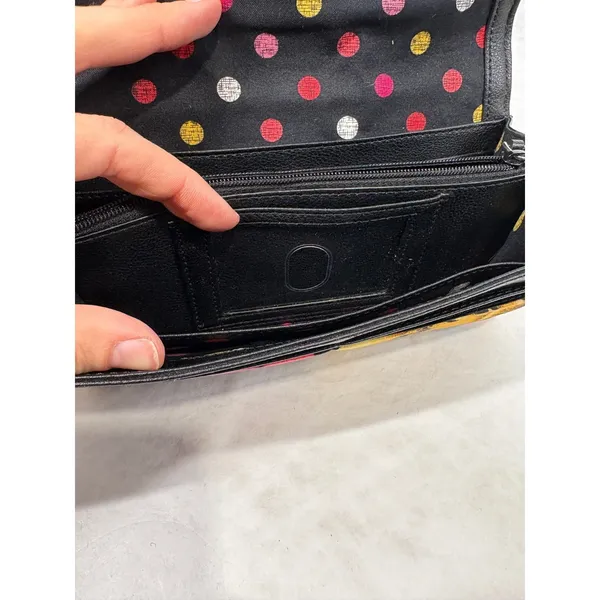 Vera Bradley Leather Floral Canvas Trifold Wallet Black Butterfly Polka‎ Dot - Image 9