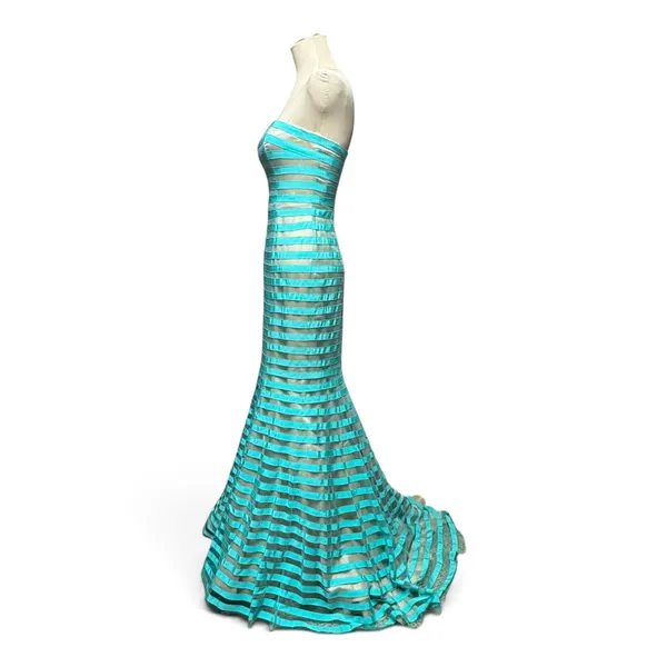 Sherri Hill Strapless Striped Mermaid Gown Turquoise Aqua Blue Sheer 6 - Image 4