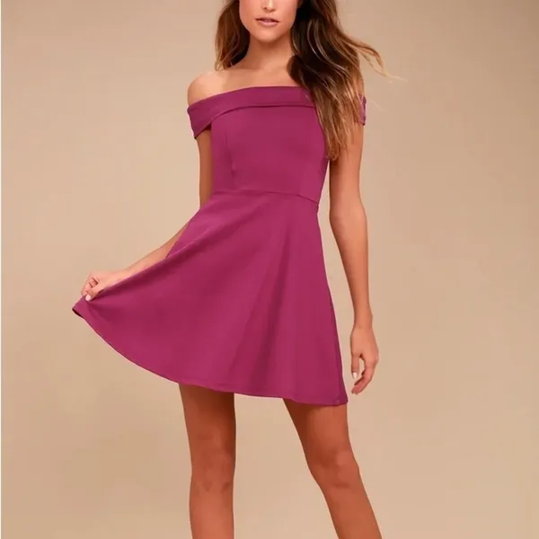NWT Lulus Season of Fun Off-the-Shoulder Skater Dress in Magenta Size Small‎ - Image 2