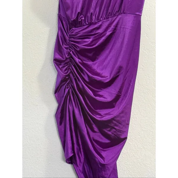 Purple Express Satin Padded Shoulder Ruched Asymmetrical Mini Dress L - Image 6