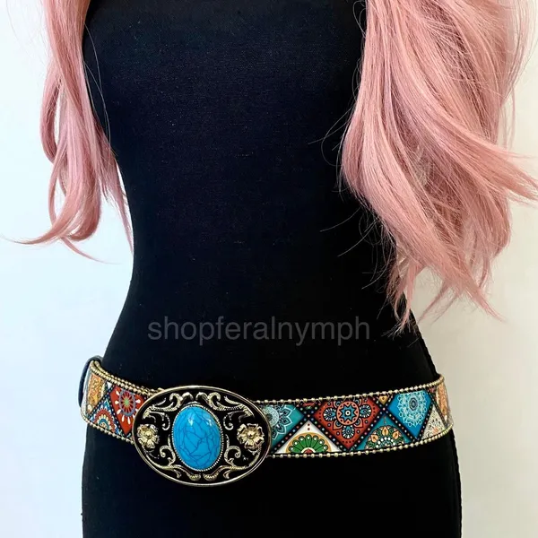 Boho Colorful Turquoise Buckle Western Y2K Belt, Fits 36.5-45 Inches, X7GA1289 - Image 3