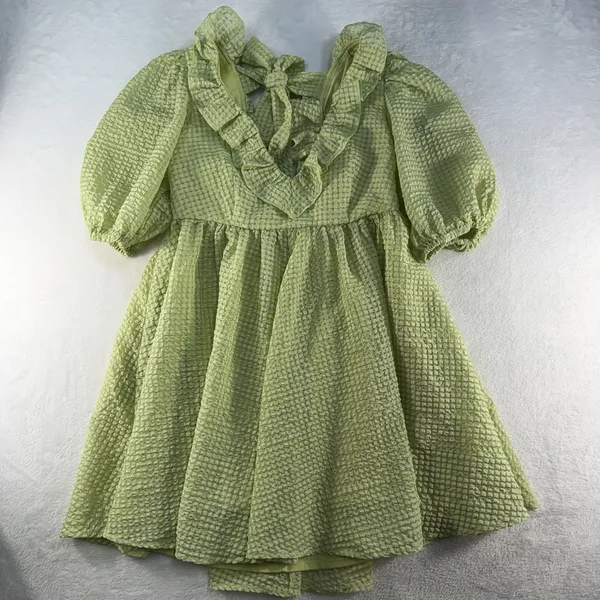 Mable M Medium Babydoll Mini Dress Green Textured Puff Sleeves Pockets‎ Coquette - Image 4