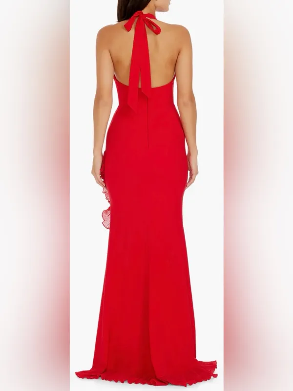 NEW Dress The Population Kathleen Ruffle Halter Gown with Train Rogue Red Sz S - Image 2