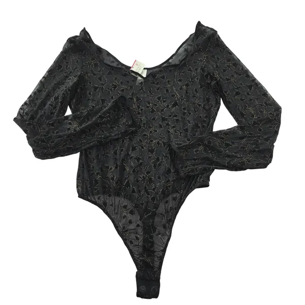 Victoria's Secret NWT Vintage 90s Black Gold Mesh Flocked Floral Bodysuit Large - Image 3