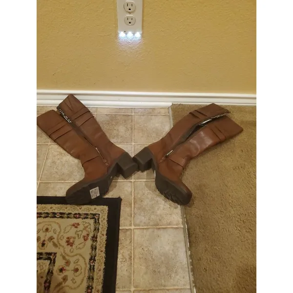 CLARKS Riding Boots Knee High Brown Leather Chunk Heels Buckle Details Size 6.5M - Image 14