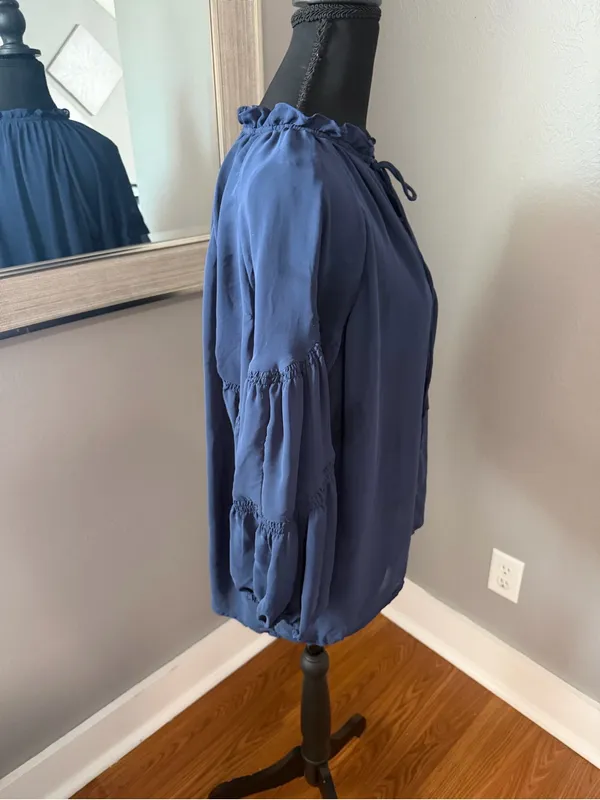 Current Air Ruffle Tie Boho Peasant Navy Sheer Fairycore Blouse Medium - Image 6