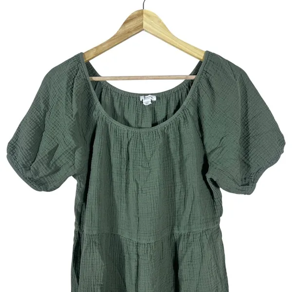 Beachlunchlounge Tiered Solid Mini Dress Green Boho Gauze Puff Sleeve Size M - Image 2