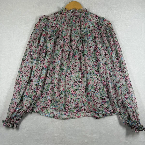 Boden‎ Floral Ruffle Neck Metallic Lurex Blouse Pink Blue US 6 UK 10 T1193 - Image 7