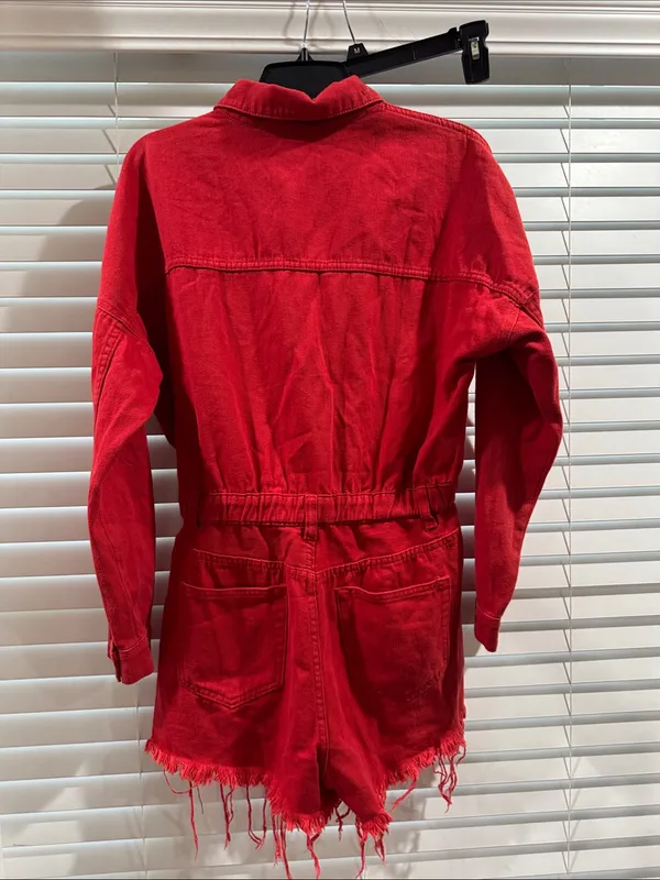 Red Distressed Denim romper Size M - Image 3