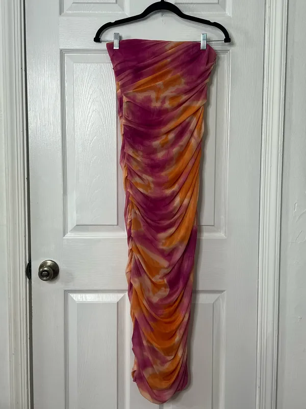 Zara Strapless Ruched Mesh Maxi Dress Pink Orange Y2K Cocktail Party Bodycon - Image 2