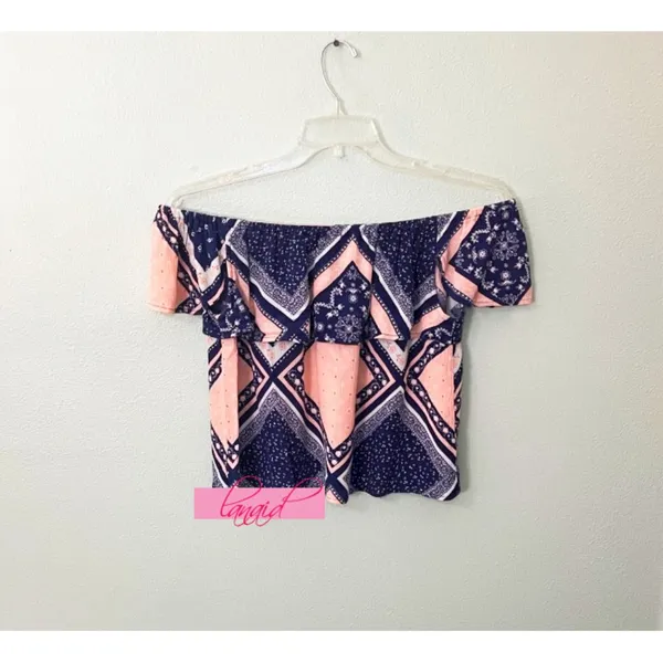 Cotton On Sabrina Off Shoulder Top Pink Blue Ruffle Bardot Bandana Shoulderless - Image 3