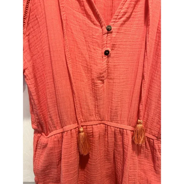Knox Rose Womens Large Coral Pink Gauze Boho Romper Tassel Tie Ruffle Sleeve L‎ - Image 4
