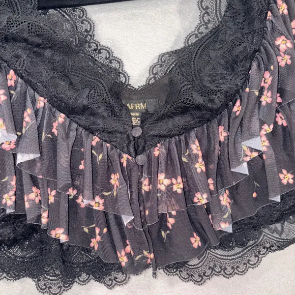 AFRM Gothic Victorian Floral Lace Ruffle Crop Top Front Closure Black Pink M - Image 3
