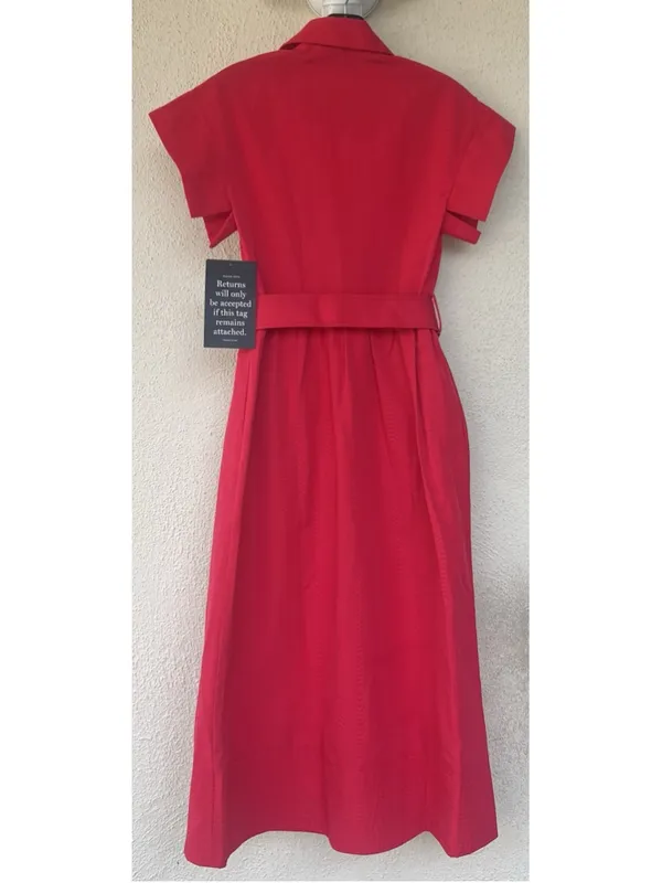 New Tuckernuck Red Chloe Midi Dress XS Belted Collared Moir Classic Elegant - Image 9