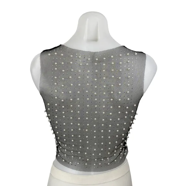 Women's Black Mesh Sheer Beaded Rhinestone Pearl Cami Tank Crop Top Size S - Image 4