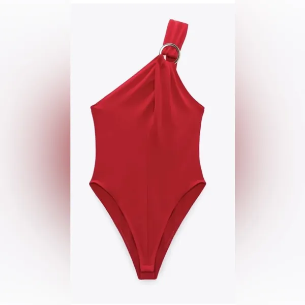 NWT ZARA Red Cross Strap Bodysuit with Silver Ring Hardware - Image 4