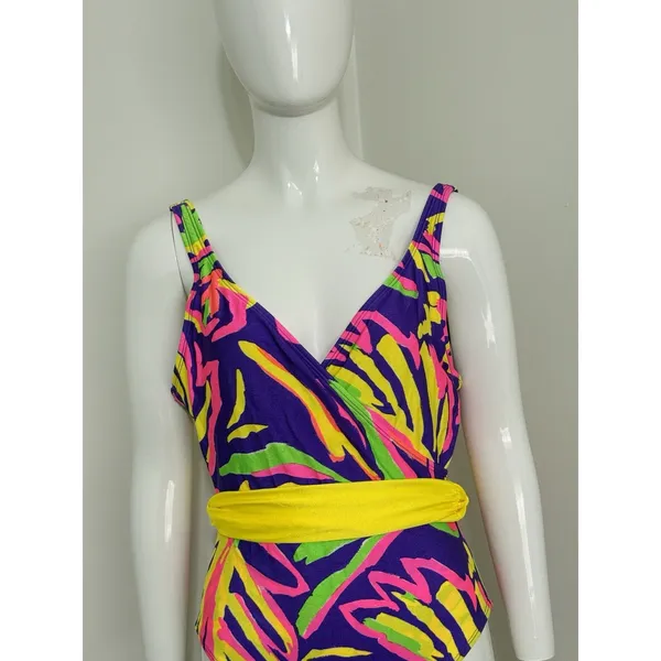Vintage La Blanca 80s 90s One Piece Swimsuit Women’s Size 14 Neon Abstract Belt - Image 4