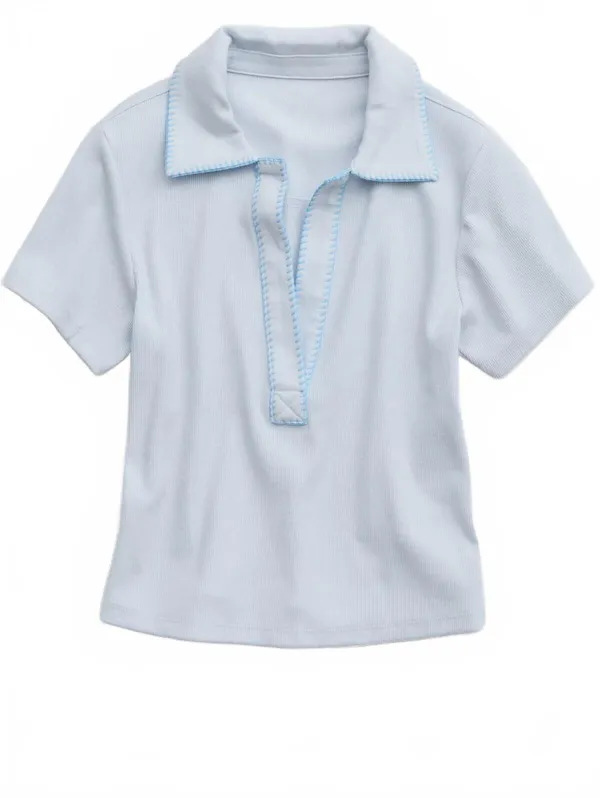 AE Aerie Cropped Polo T-Shirt American Eagle NWT Misty Sky Blue Small - Image 3