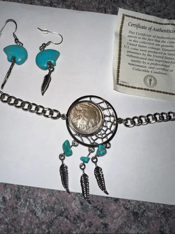 NEW American Coin Buffalo Nickel Dream Catcher Bracelet and turquoise earrings - Image 3