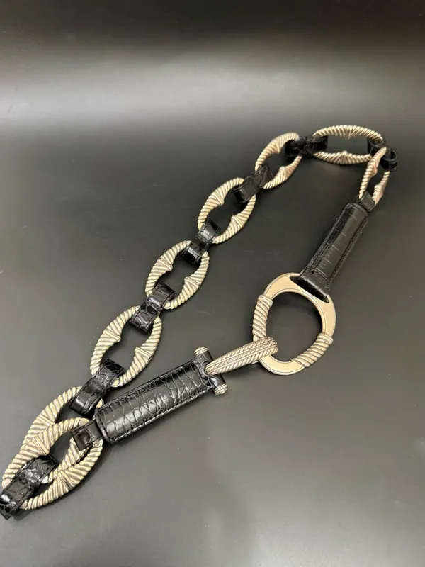 Vintage BRIGHTON B3094 Black Croc Leather Silver-plated Oval Links Belt Size 32 - Image 7